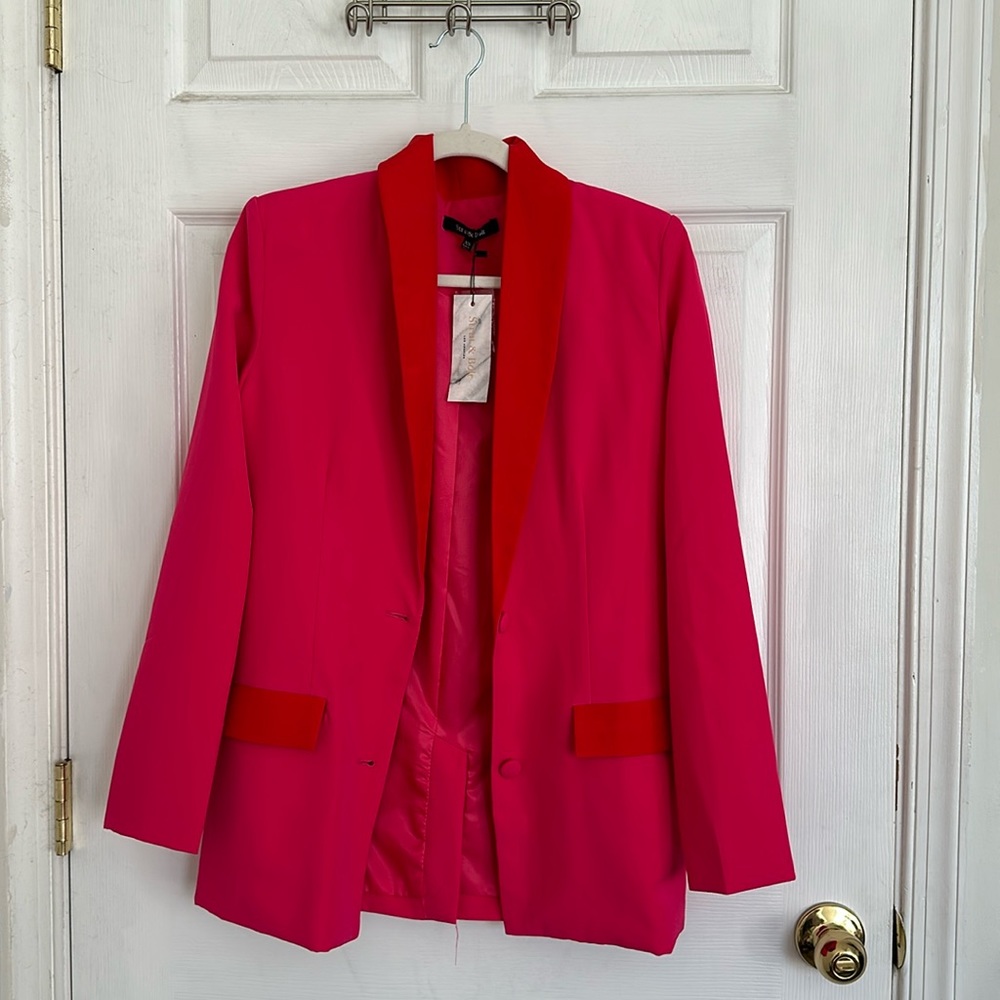 Pocketed Colorblock Blazer - fuchsia red